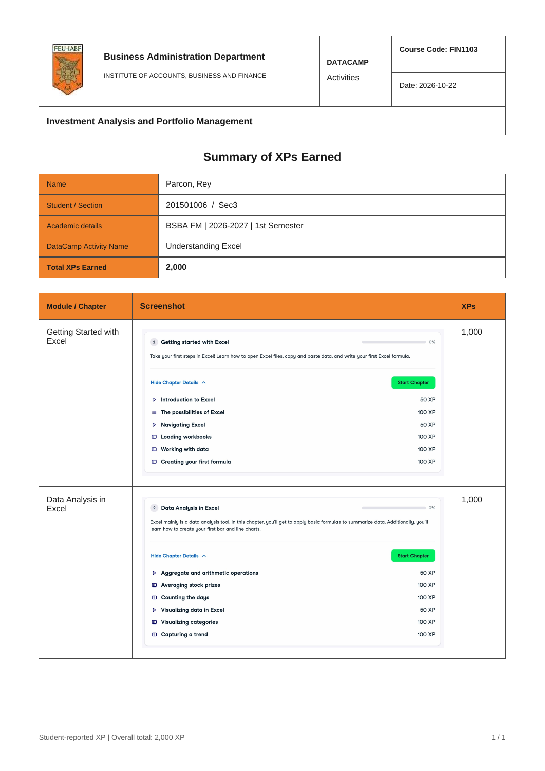 Example XP Summary PDF for Understanding Excel, with student details, chapter screenshots, and reported XP totals